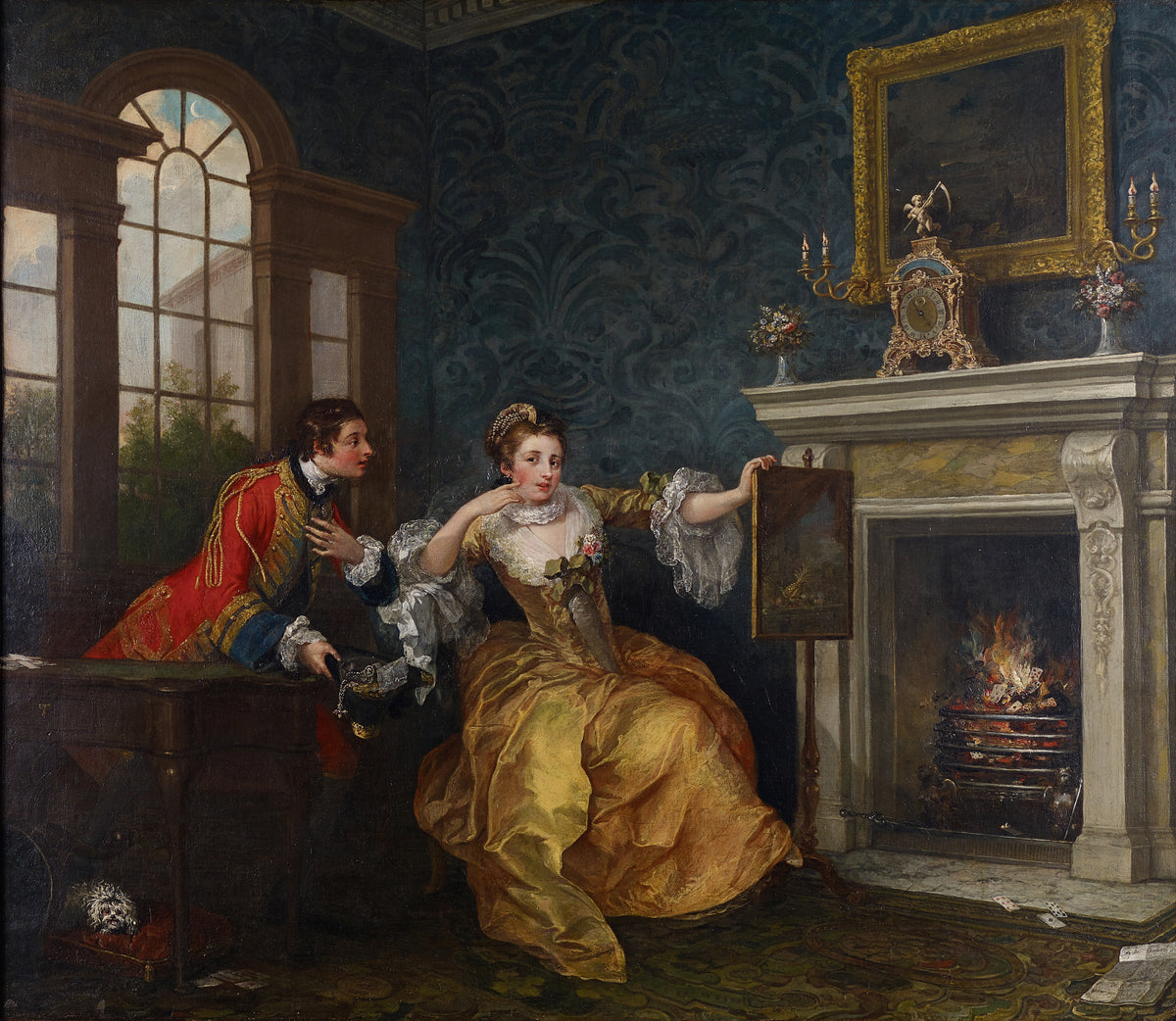 The Lady's Last Stake by William Hogarth — A woman in gold silk beside a fire that has taken her playing cards