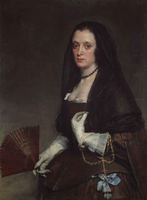 The Lady with a Fan by Diego Velázquez — A veiled woman in brown with a red fan and white gloves