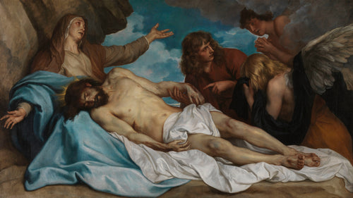 The Lamentation over the Dead Christ by Anthony van Dyck — The dead Christ laid on a blue mantle, mourned by a woman and angels