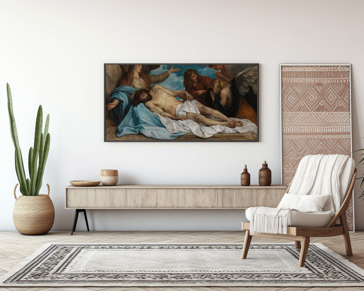 Framed art print of The Lamentation over the Dead Christ by Anthony van Dyck, above a sideboard in a living room