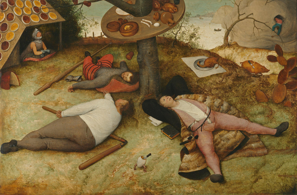 The Land of Cockaigne (Painting) by Pieter Bruegel the Elder — Three men sleep off a feast beneath a tree laden with food
