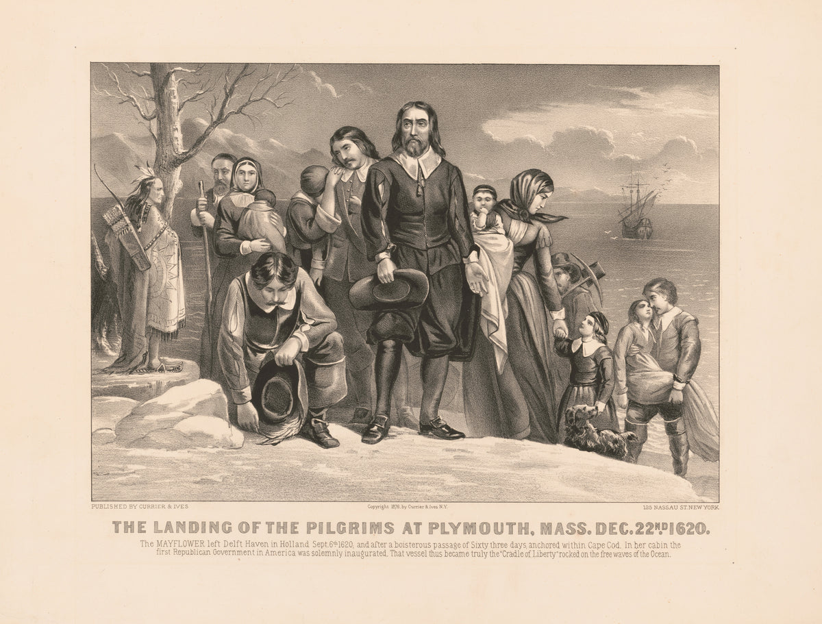 Currier & Ives — The Landing of the Pilgrims at Plymouth, Mass. Dec. 22nd 1620 | Vintage Thanksgiving Print