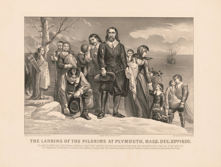 Currier & Ives — The Landing of the Pilgrims at Plymouth, Mass. Dec. 22nd 1620 | Vintage Thanksgiving Print shown to scale on a wall above a sofa