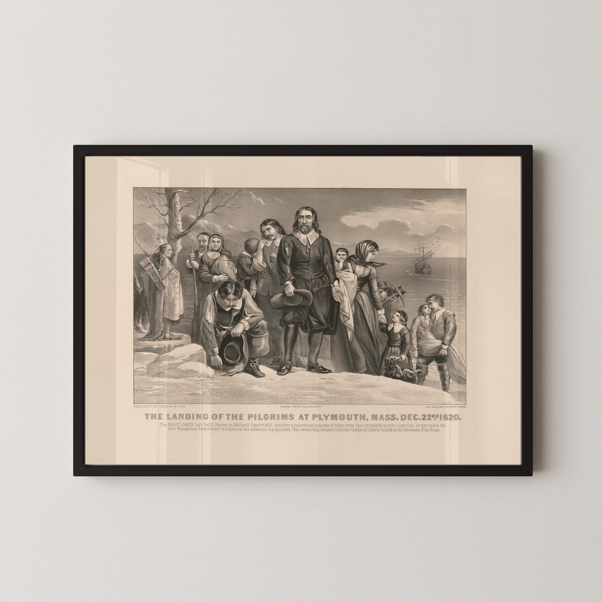 Currier & Ives — The Landing of the Pilgrims at Plymouth, Mass. Dec. 22nd 1620 | Vintage Thanksgiving Print