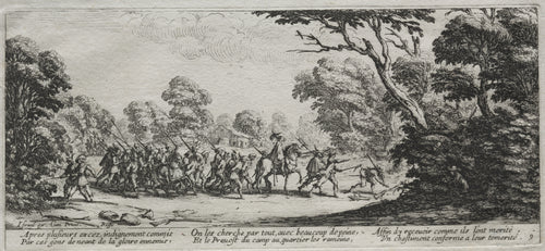 The Large Miseries of War: Arrest of Malefactors by Jacques Callot — Soldiers march a file of captives along a woodland road