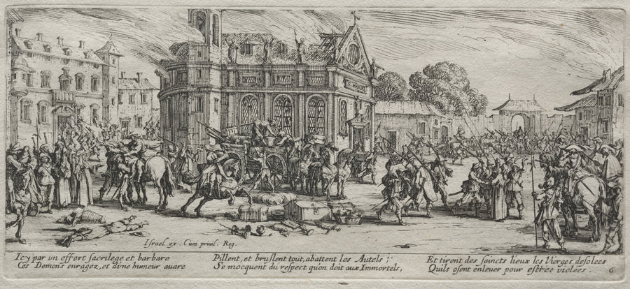 Jacques Callot — The Large Miseries of War: Devastation of a Monastery | Etching Print shown to scale on a wall above a sofa