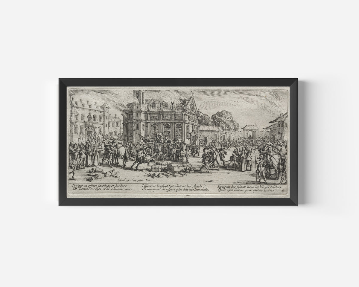 Framed art print of The Large Miseries of War: Devastation of a Monastery by Jacques Callot, in a wide black frame on a plain white wall