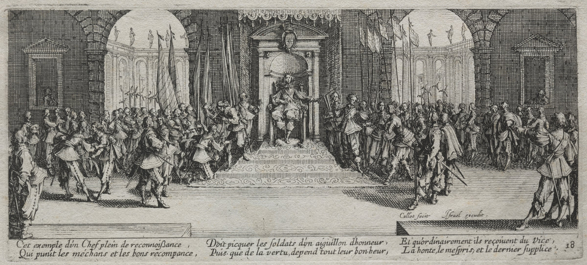The Large Miseries of War: Distribution of Recompense by Jacques Callot — An enthroned commander rewards his soldiers in an arcaded hall
