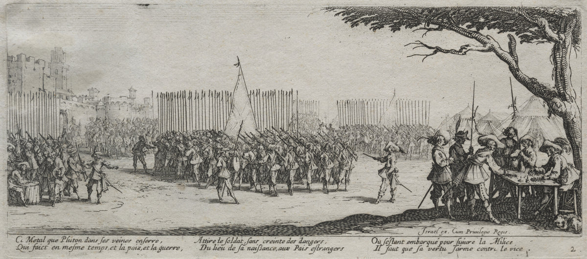 The Large Miseries of War: Enrollment of the Troops by Jacques Callot — Ranks of pikemen and musketeers muster before a walled town