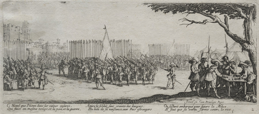 Jacques Callot — The Large Miseries of War: Enrollment of the Troops | Etching Print shown to scale on a wall above a sofa