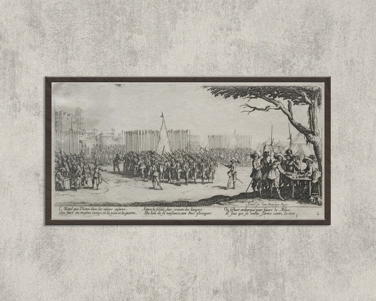 Framed art print of The Large Miseries of War: Enrollment of the Troops by Jacques Callot, in a wide black frame on a concrete wall