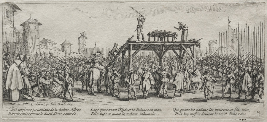 Jacques Callot — The Large Miseries of War: Execution on the Wheel | Etching Print shown to scale on a wall above a sofa
