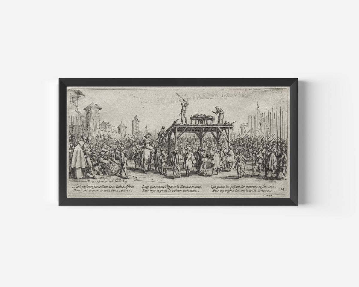 Framed art print of The Large Miseries of War: Execution on the Wheel by Jacques Callot, in a wide black frame on a plain white wall