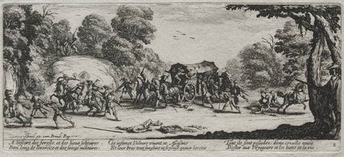 The Large Miseries of War: Highway Robbery by Jacques Callot — Armed men ambush a covered coach on a wooded road