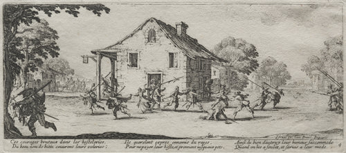 The Large Miseries of War: Marauding by Jacques Callot — A brawl spills from a village inn as soldiers make off with loot