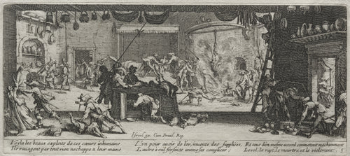 The Large Miseries of War: Pillaging by Jacques Callot — Soldiers ransack a farmhouse kitchen by firelight