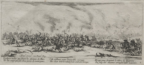 The Large Miseries of War: The Battle by Jacques Callot — Cavalry clash under drifting smoke across a plain of the fallen