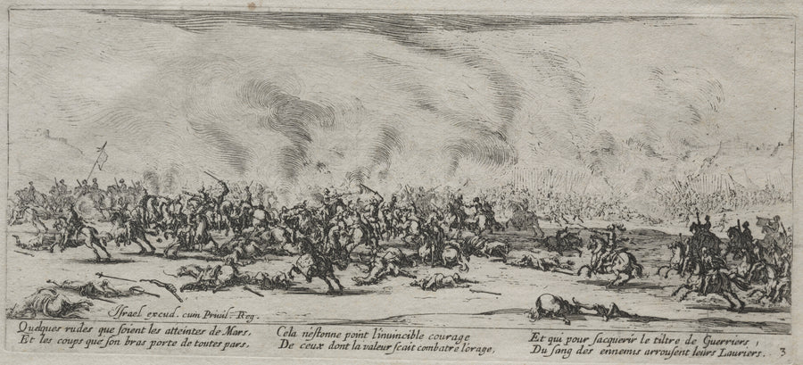 Jacques Callot — The Large Miseries of War: The Battle | Etching Print shown to scale on a wall above a sofa