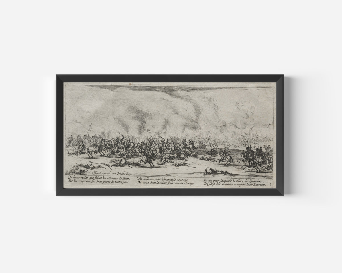 Framed art print of The Large Miseries of War: The Battle by Jacques Callot, in a wide black frame on a plain white wall