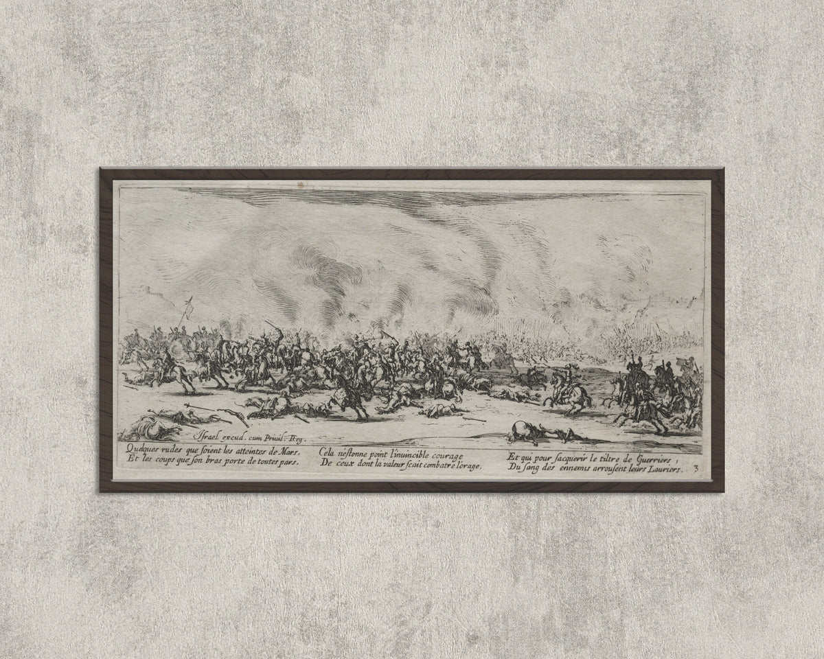 Framed art print of The Large Miseries of War: The Battle by Jacques Callot, in a wide black frame on a concrete wall