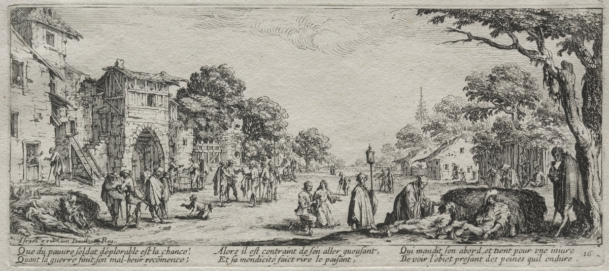 The Large Miseries of War: The Beggars and the Dying by Jacques Callot — Beggars fill a village street as a dying man lies by a haystack