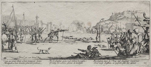 The Large Miseries of War: The Firing Squad by Jacques Callot — Musketeers fire on a man bound to a post before the camp