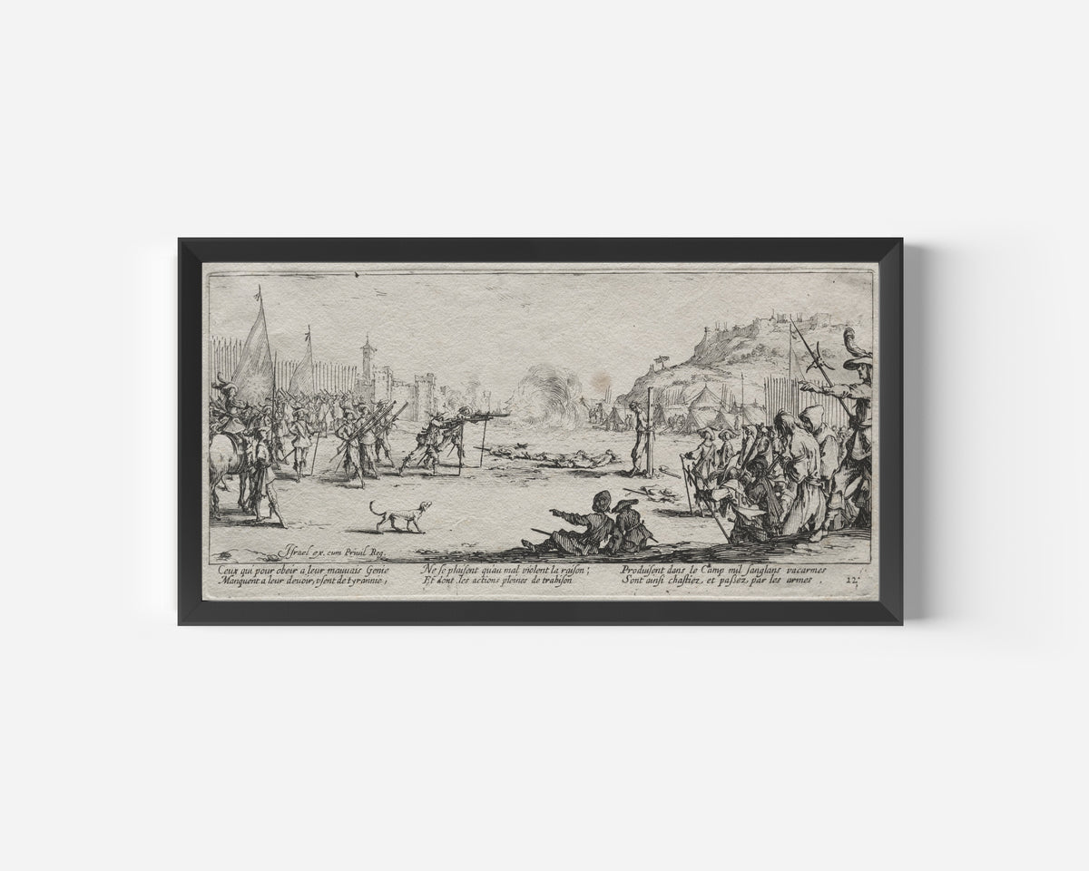 Framed art print of The Large Miseries of War: The Firing Squad by Jacques Callot, in a wide black frame on a plain white wall