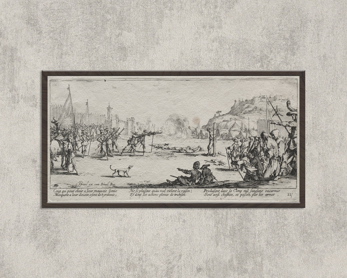 Framed art print of The Large Miseries of War: The Firing Squad by Jacques Callot, in a wide black frame on a concrete wall