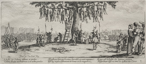 The Large Miseries of War: The Hanging by Jacques Callot — A great tree hung with men above an army camp