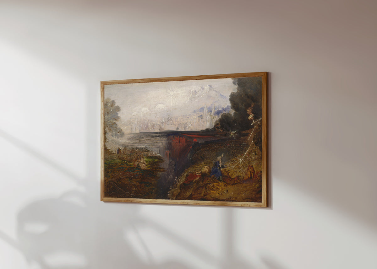 Framed art print of The Last Judgement (study) by John Martin, in a light wood frame on a sunlit white wall, seen at a slight angle