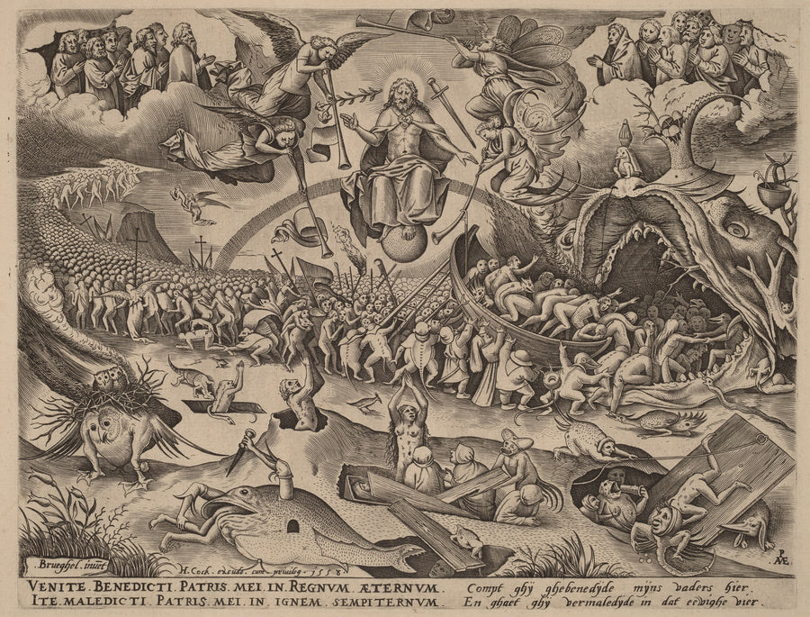 Pieter Bruegel the Elder — The Last Judgment | Engraving Print shown to scale on a wall above a sofa