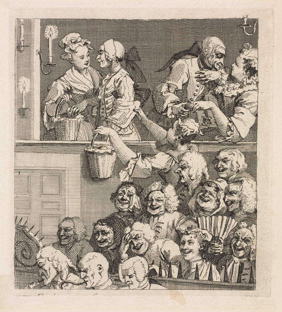 William Hogarth — The Laughing Audience | Fine Art Print shown to scale on a wall above a sofa