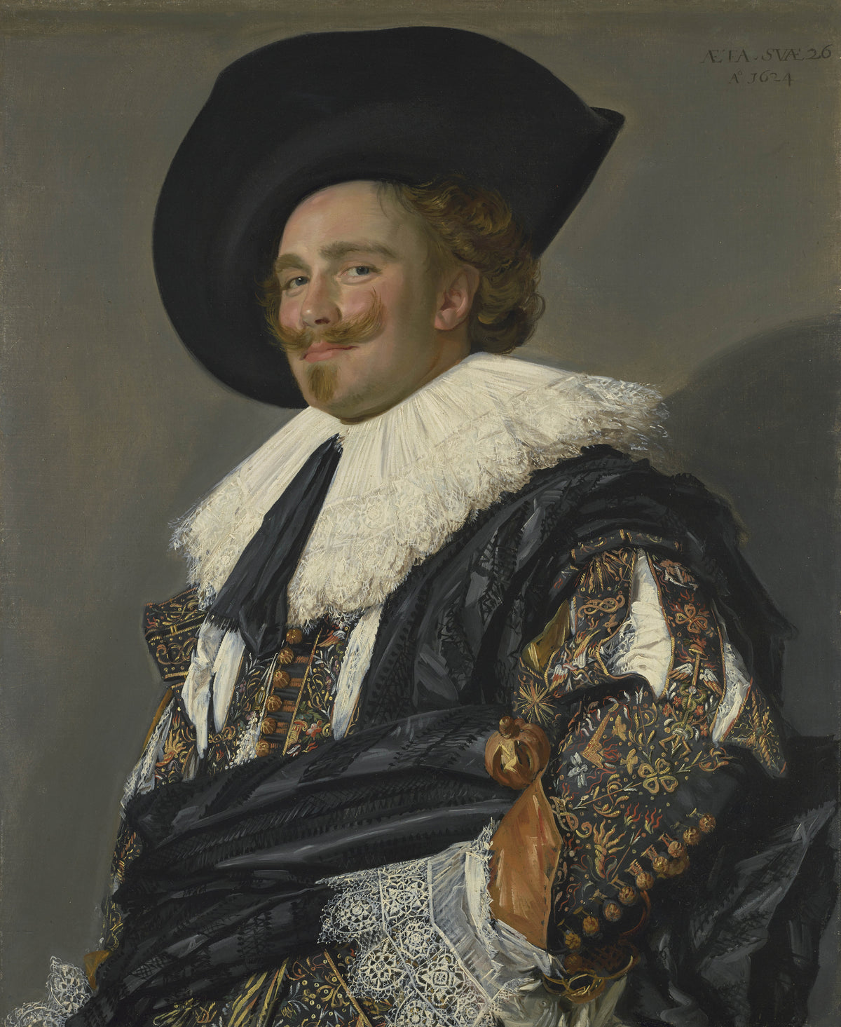 The Laughing Cavalier by Frans Hals — A young cavalier with an upturned moustache smiles under a black hat