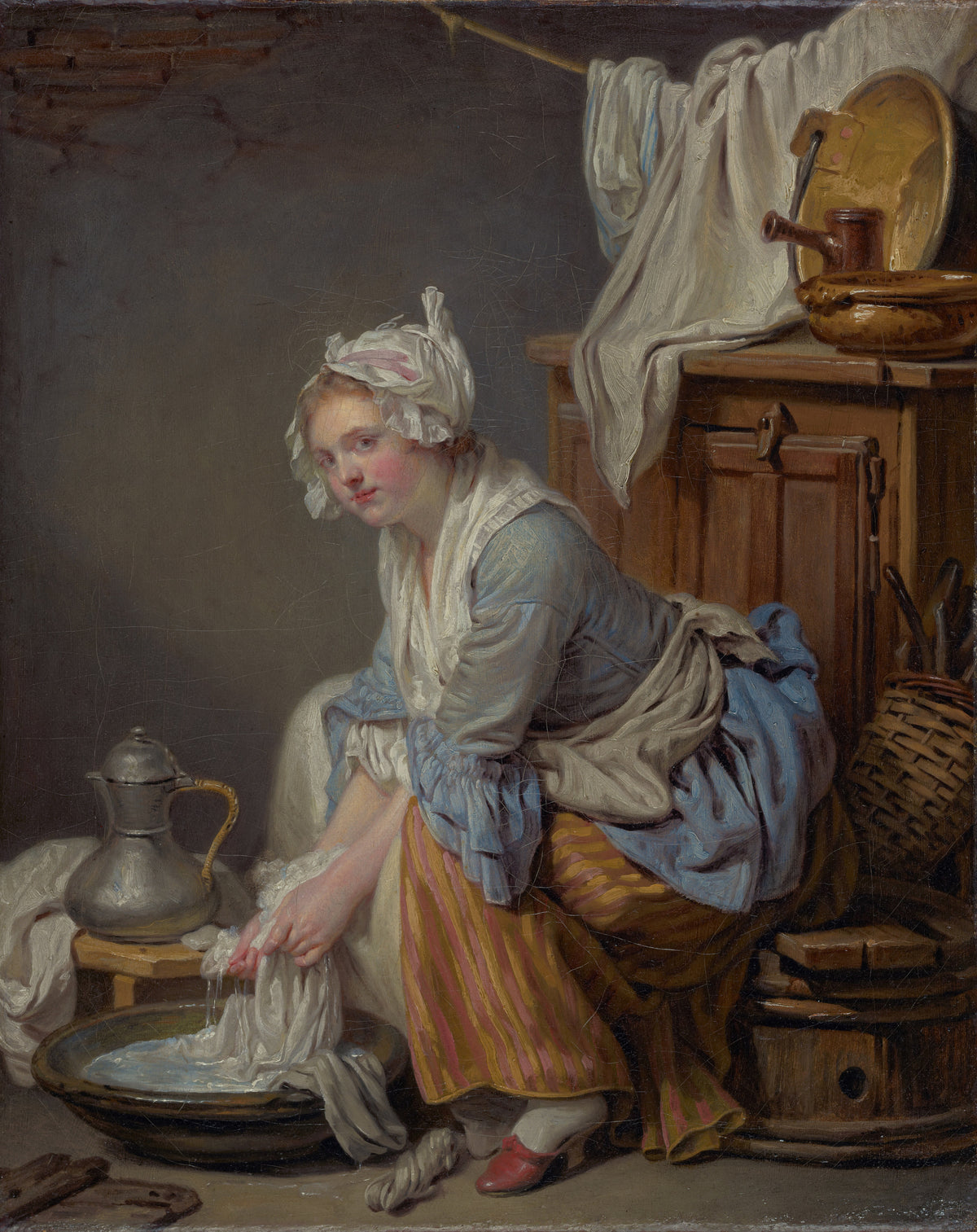 The Laundress (La Blanchisseuse) by Jean-Baptiste Greuze — A laundress glances up from the basin, wringing white linen