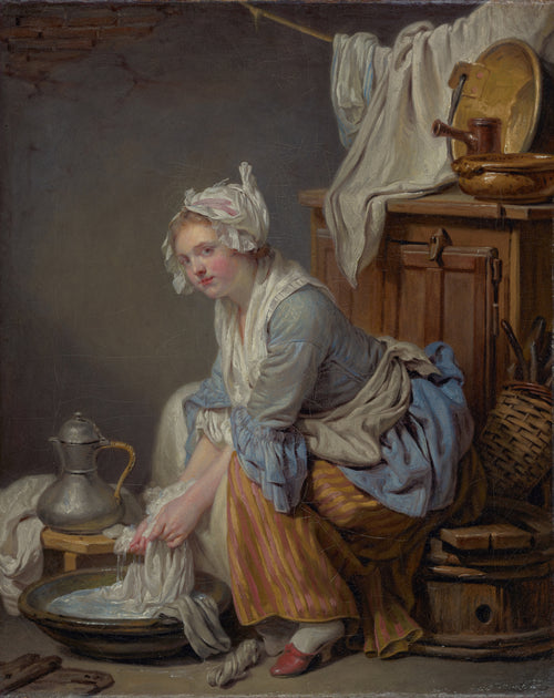 The Laundress (La Blanchisseuse) by Jean-Baptiste Greuze — A laundress glances up from the basin, wringing white linen