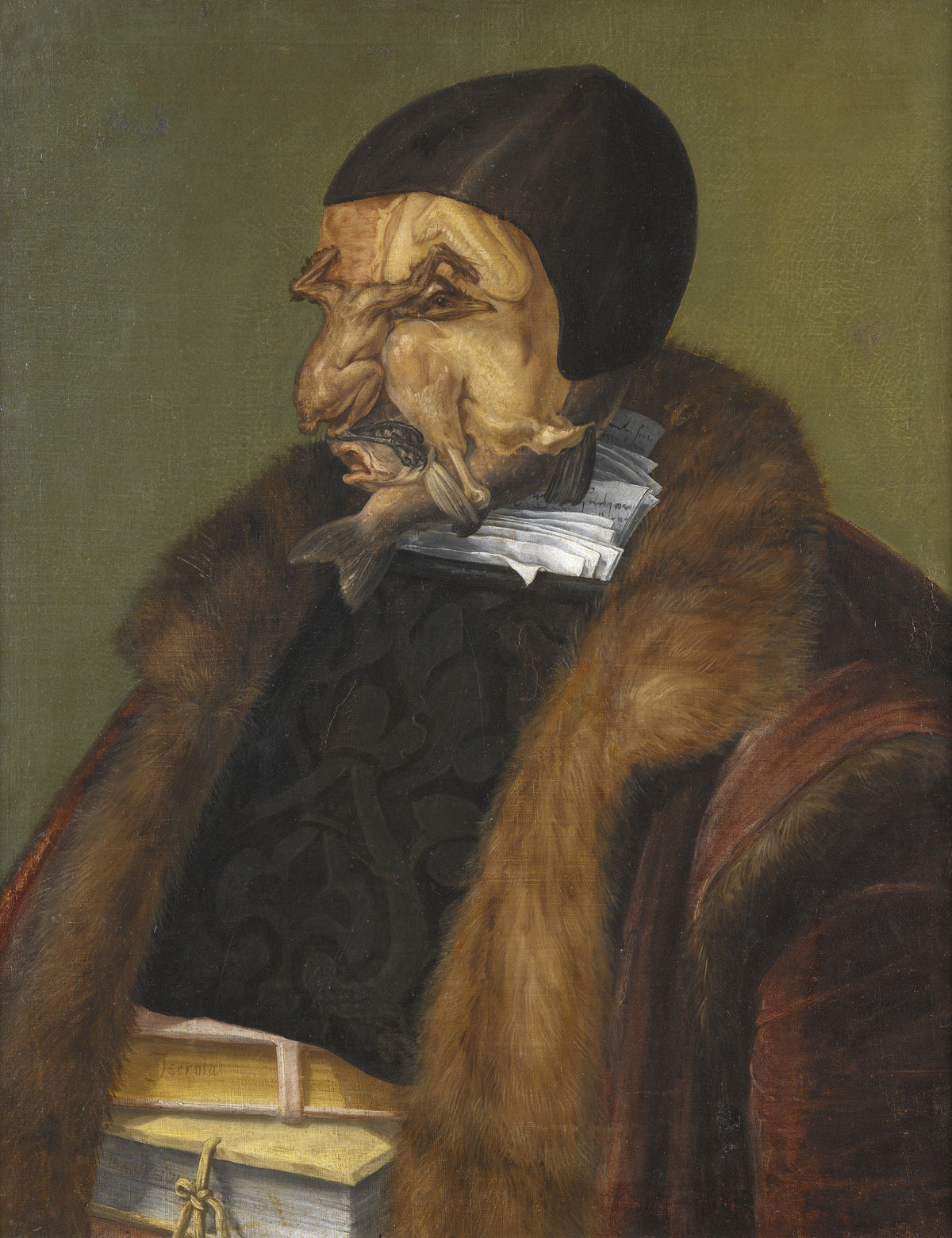 The Lawyer by Giuseppe Arcimboldo — A learned man built from poultry, fish, books and papers