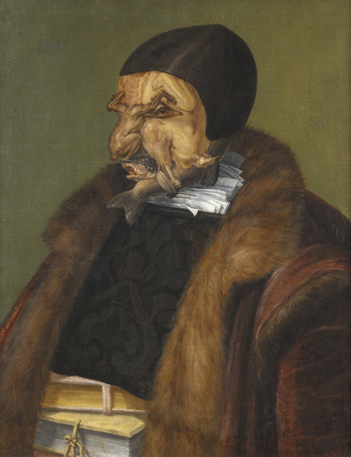 The Lawyer by Giuseppe Arcimboldo — A learned man built from poultry, fish, books and papers