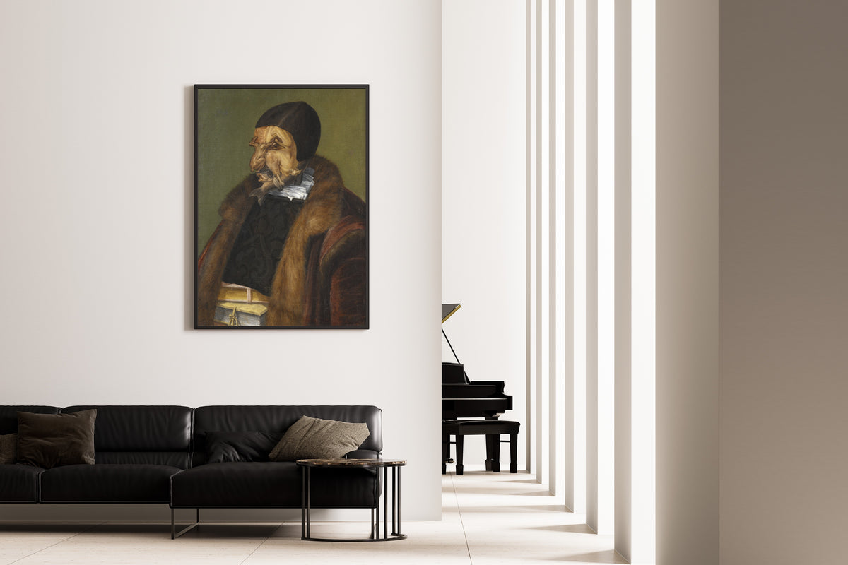 Framed art print of The Lawyer by Giuseppe Arcimboldo, on the wall of a minimal living room