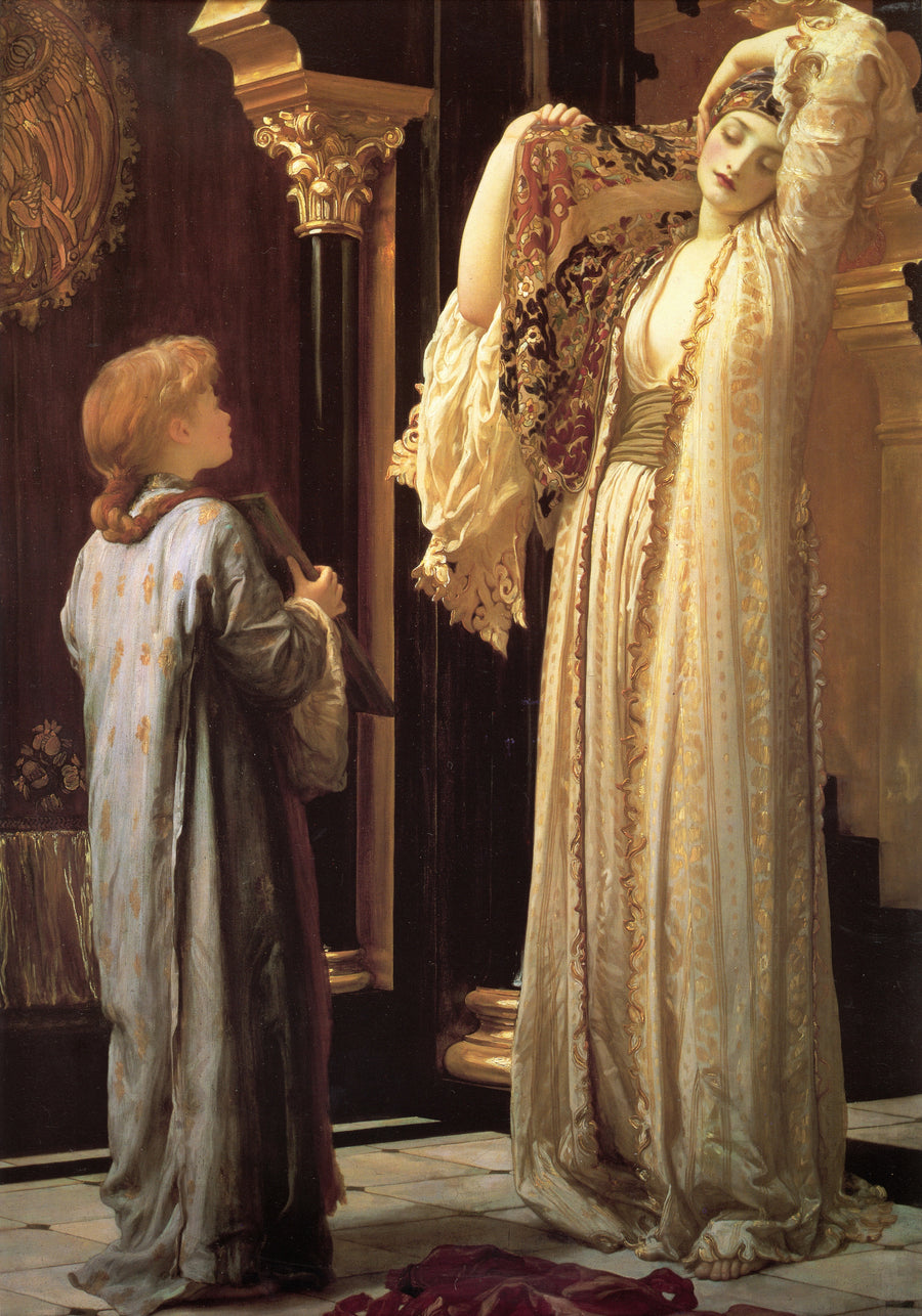 Frederic Leighton — The Light of the Harem | Art Print shown to scale on a wall above a sofa