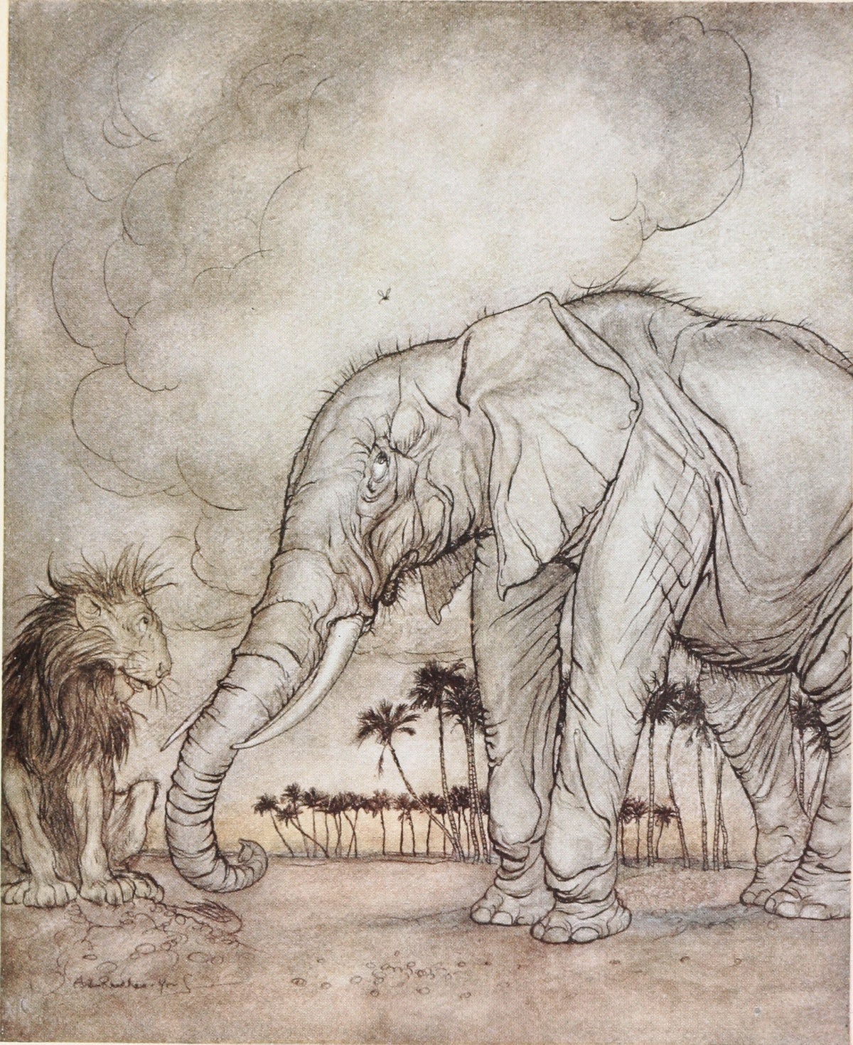 Arthur Rackham — The Lion, Jupiter, and the Elephant | Fable Illustration Print