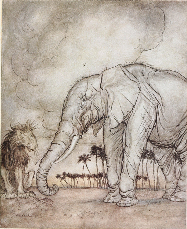 Arthur Rackham — The Lion, Jupiter, and the Elephant | Fable Illustration Print
