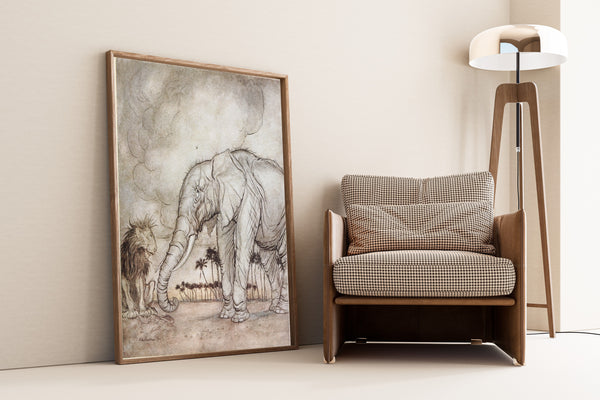 Arthur Rackham — The Lion, Jupiter, and the Elephant | Fable Illustration Print