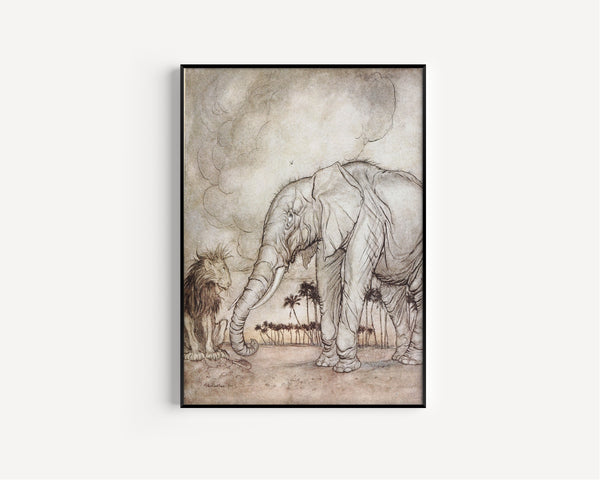 Arthur Rackham — The Lion, Jupiter, and the Elephant | Fable Illustration Print