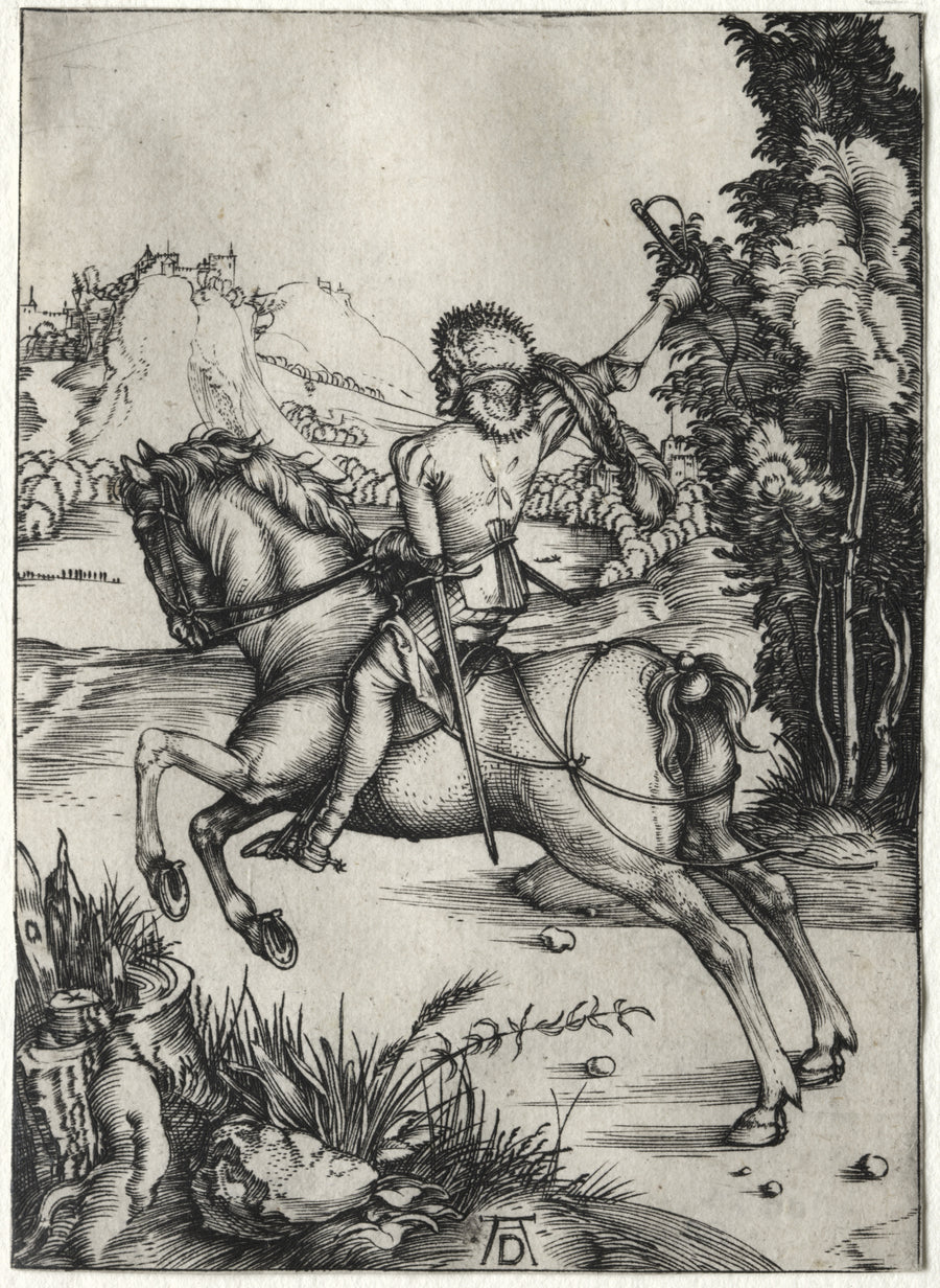 Albrecht Dürer — The Little Courier | Engraving Print shown to scale on a wall above a sofa