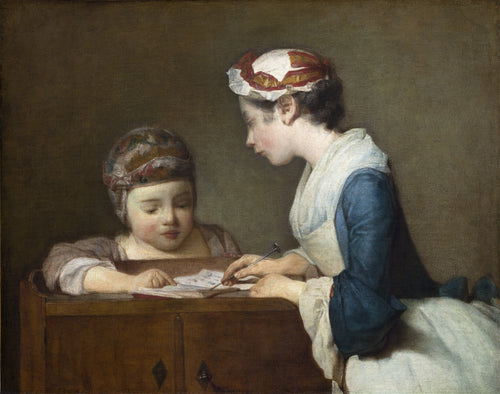 The Little Schoolmistress by Jean-Siméon Chardin — A young woman guides a small child's lesson at a wooden desk