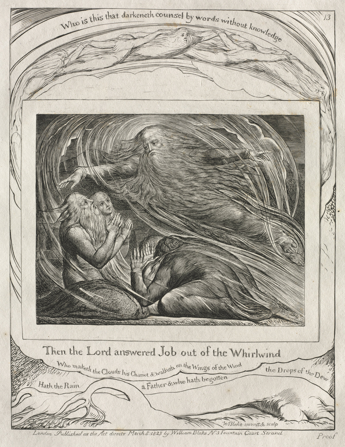 The Lord Answering Job out of the Whirlwind (Book of Job, Plate 13) by William Blake — The Lord speaks to Job and his wife out of the whirlwind