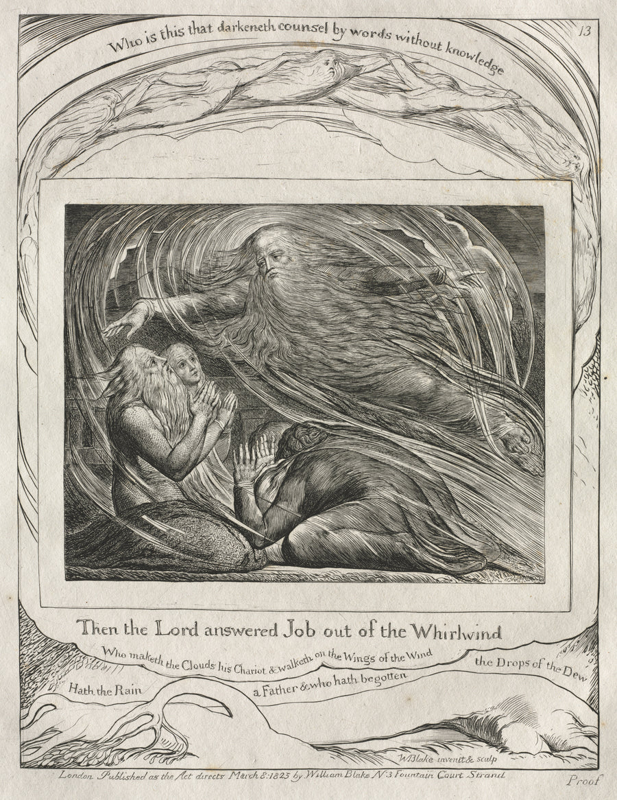 William Blake — The Lord Answering Job out of the Whirlwind (Book of Job, Plate 13) | Engraving Print shown to scale on a wall above a sofa