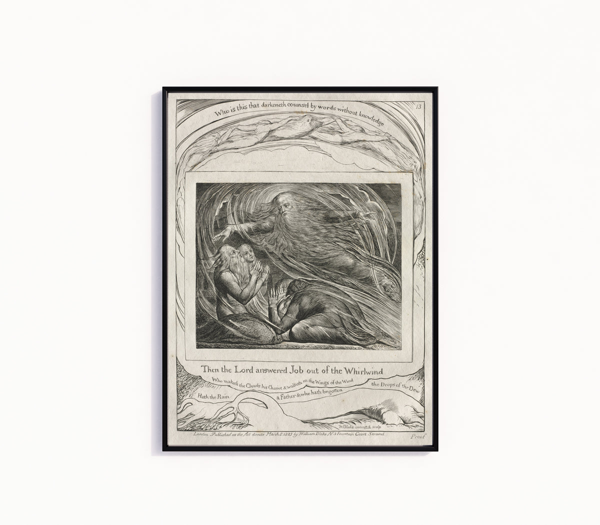 Framed art print of The Lord Answering Job out of the Whirlwind (Book of Job, Plate 13) by William Blake, in a slim black frame on a plain white wall