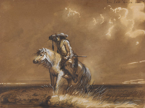 The Lost ‘Green-horn’ by Alfred Jacob Miller — A lone rider on a pale horse shades his eyes on a windswept plain