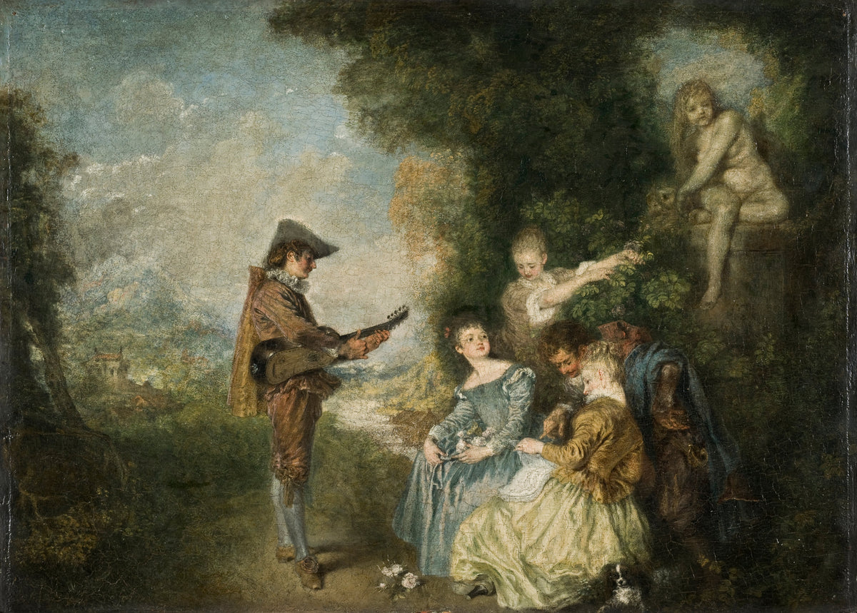 The Love Lesson by Jean-Antoine Watteau — A musician plays for a small gathering in a leafy glade